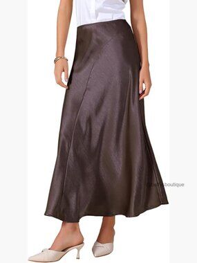 Satin Maxi Skirt High Waisted Elastic Waistband Flowy Elegant Silk Skirts